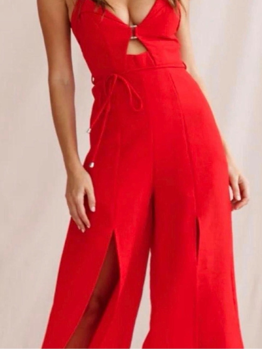 Red Wide-Leg Jumpsuit with Front Slits